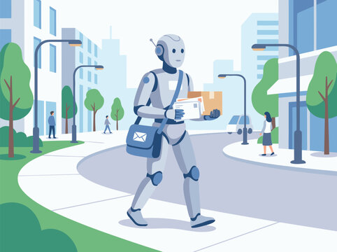 Robot delivering package on city street.