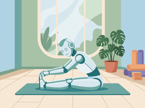 Robot doing yoga in a bright room.