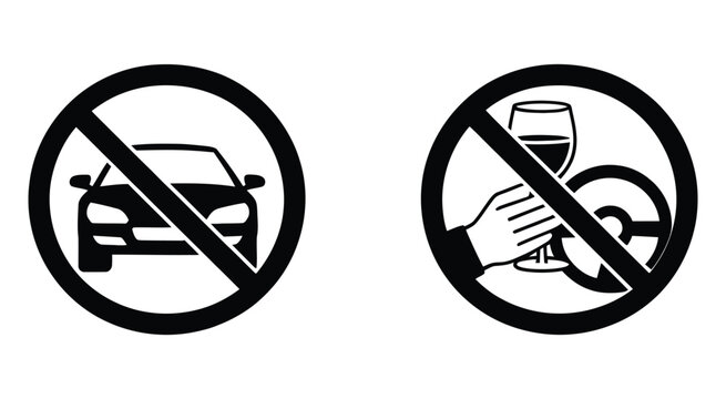 No driving under influence and no alcohol allowed while operating vehicles, safety regulation notice, anti drunk driving symbol, prohibition icon with alcohol and car