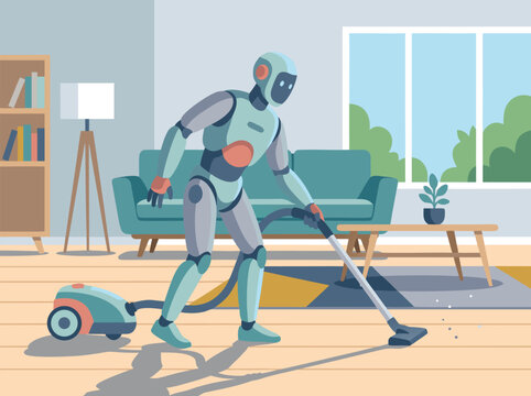 Robot vacuuming a modern living room.