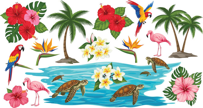 Tropical Paradise with Hibiscus Flowers, Flamingos, Parrots, Turtles, and Exotic Plants by the Water