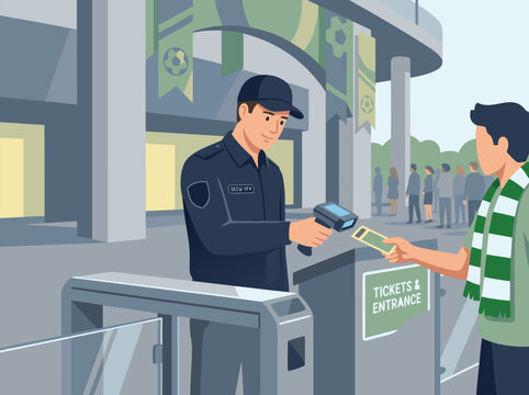 Security guard scanning ticket at stadium entrance.