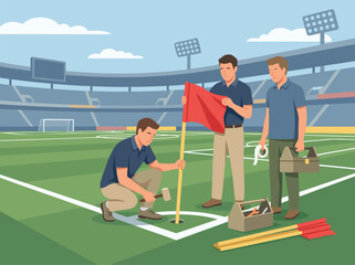 Soccer Field Maintenance Crew Setting Up Corner Flag. © Zetaa