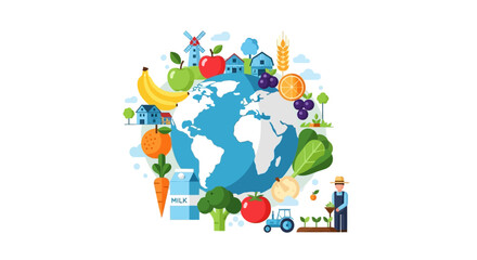 Naklejka premium Sustainable Global Food Production and Healthy Eating Concept. Earth Surrounded by Fresh Produce, Farm Elements, and Agricultural Icons. Flat Design Illustration.