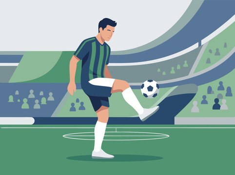 Soccer Player Practicing Skills on Stadium Field.