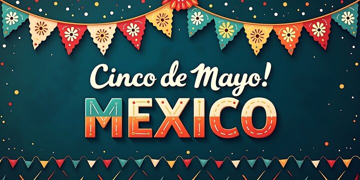 Festive Cinco De Mayo Banner With Colorful Papel Picado Bunting.