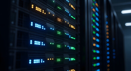Naklejka premium Rows of computer server racks with colorful indicator lights in a data center.
