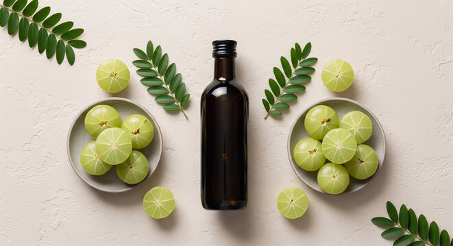Fresh amla oil ingredients displayed with whole amla fruits, berries, and bottle on clean white background ideal for ayurvedic product marketing, wellness advertising, and natural beauty campaigns