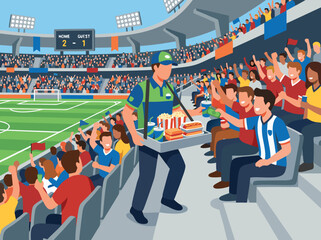 Sports stadium vendor selling hot dogs and drinks to cheering fans during a soccer match. © Zetaa