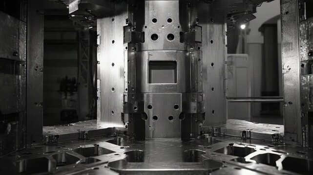 Industrial metal machinery close up in striking black and white, showcasing precise gears, textures and complex mechanical systems that evoke modern manufacturing and automation