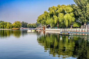 Fototapeta premium Boat Houhai Lake Reflection Beijing China