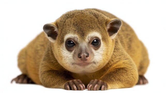 Close up photograph of a kinkajou with large dark eyes lying down on a white background animal mammal