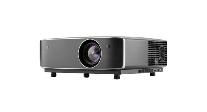 Modern Dark Gray HD Digital Projector with Wide-Angle Lens. Professional multimedia home theater projector.
