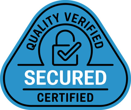 Blue Secured Certified Badge with Quality Verified and Padlock Icon for Security Assurance