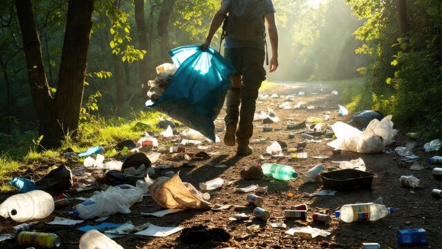 Community clean-up tackling plastic pollution on forest trails for environmental awareness