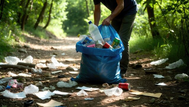 Community clean-up event removing litter from nature trails forest environment action shot