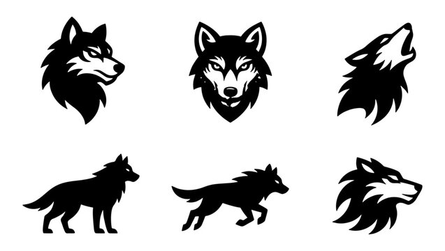 Wolf head mascot and silhouette collection, 6 black and white predator icons, howling wolf and running timberwolf vector set for sports logos