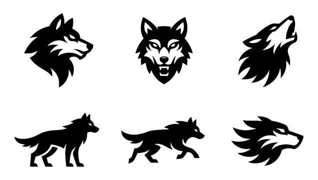 Wolf head mascot logos and silhouettes, set of 6 black vector icons, wild animal predator symbols for sports branding and gaming team identity