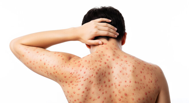 Person with red rash spots on back and arm against white background skin dermatology