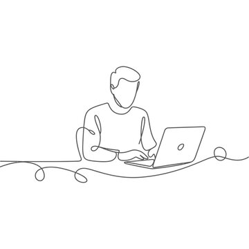 Laptop vector illustration of a man working on a minimalist continuous line drawing