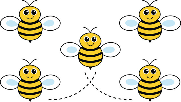 Cartoon bees flying in different directions with dashed flight paths insects dashed lines