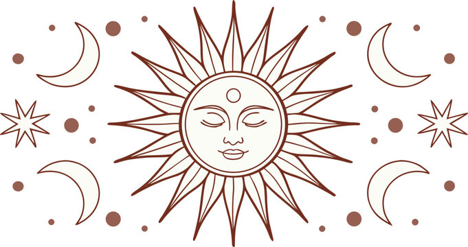Bohemian sun with mystical celestial line moon phases
