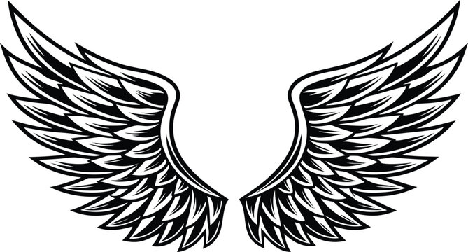 Bold black tattoo style angel wings with feathers and sharp lines black and white
