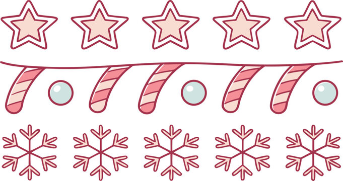 Cartoon christmas divider set with pink stars candy canes snowflakes