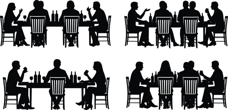 People dining silhouette collection, friends and couples at table, restaurant social interaction scenes, black vector illustration, lifestyle eating icons isolated on white background