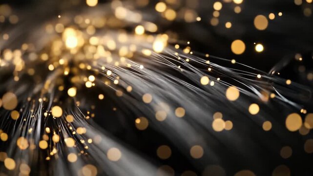 Fiber optic bundle strands carrying digital communication signals and data through glowing energy lines, creating a bokeh particle effect against a dark background