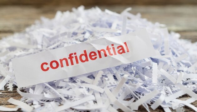 Confidential document shredded into pieces on a wooden table