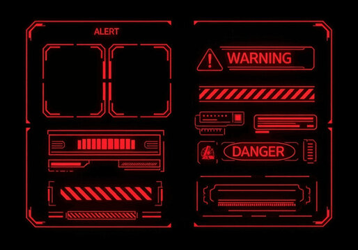 Red Cyberpunk HUD UI Kit: Futuristic Sci-Fi Interface Elements with Alert, Warning, and Danger Icons