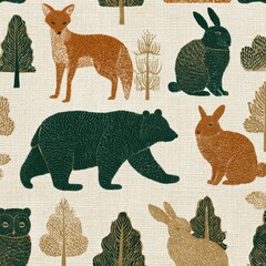 Fototapeta premium Seamless Pattern of Woodland Animals in Warm Colors on Cream Background With Grain Texture Featuring Fox, Deer, Bear, Owl, and Rabbit Silhouettes