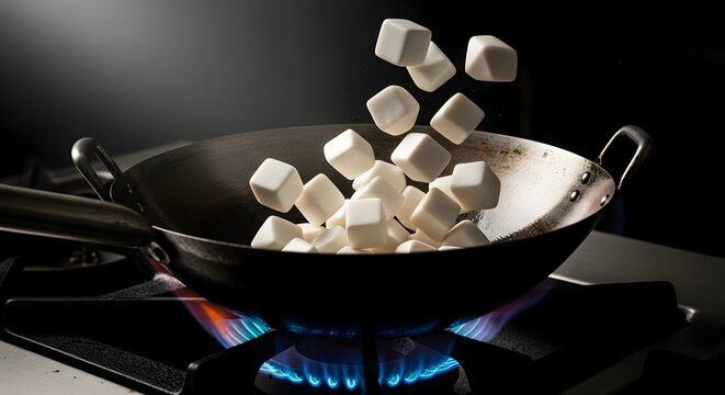White sugar cubes falling into a hot metal wok on a gas stove burner with blue flames, metaphorical culinary concept representing excess sugar intake and food processing
