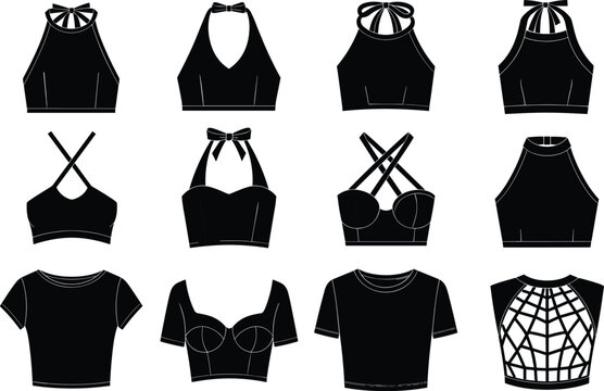 Women crop tops silhouettes collection, stylish tops and bralettes in various designs, modern fashion apparel isolated on white background illustration set