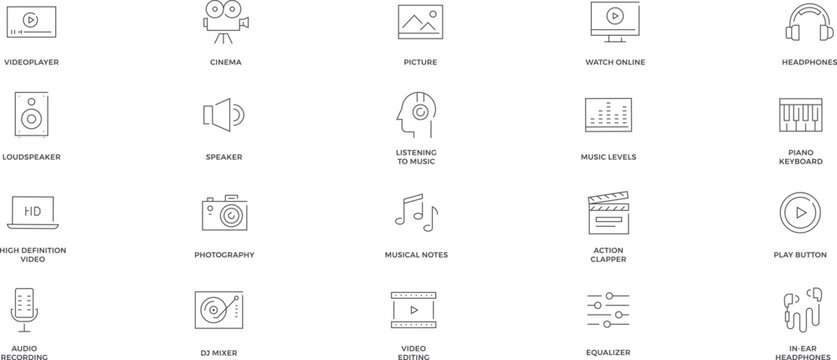 20 Modern Minimalist Multimedia and Entertainment Line Icon Set Featuring Video Audio and Cinema Vector Symbols