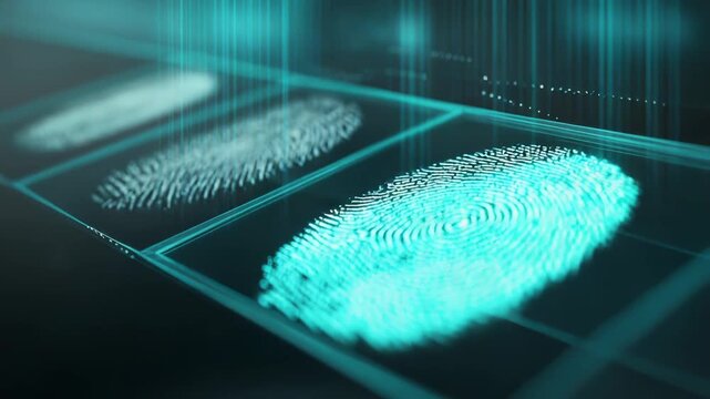 Fingerprint pattern generating digital data streams for biometric scan and identification, representing advanced security technology and cyber authentication