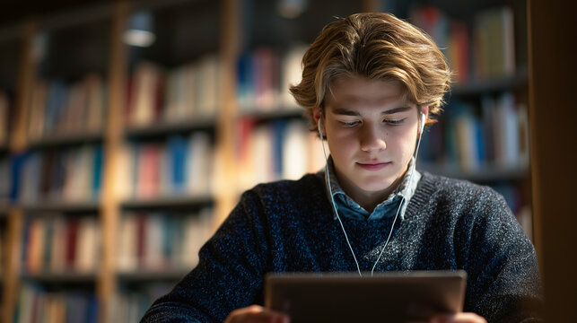 Boy using tablet for studying inside library. Student reading digital lesson with headphone. Distance learning and online education concept. Modern youth study technology in library shelf.