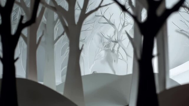 2D paper cut out design of a spooky ghost with a sheet. in a creepy winter forest