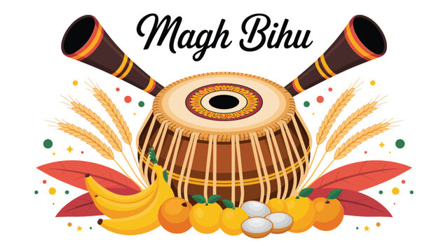 Magh Bihu festival illustration with traditional dhol drum pepa instruments harvest fruits cultural celebration assam india concept colorful modern vector