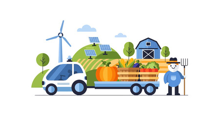 Naklejka premium Smart Farming and Sustainable Agriculture: Autonomous Vehicle, Farmer, Fresh Produce, Renewable Energy
