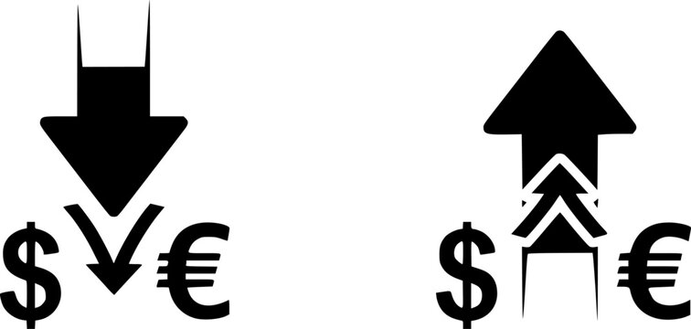 Arrow dollar euro icon set. Сost reduction and growth business icons. Up and down arrow symbol, sign. Vector illustration.
