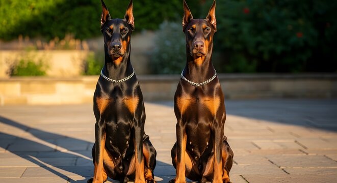 Two doberman pinschers sitting side by side outdoors in sunlight