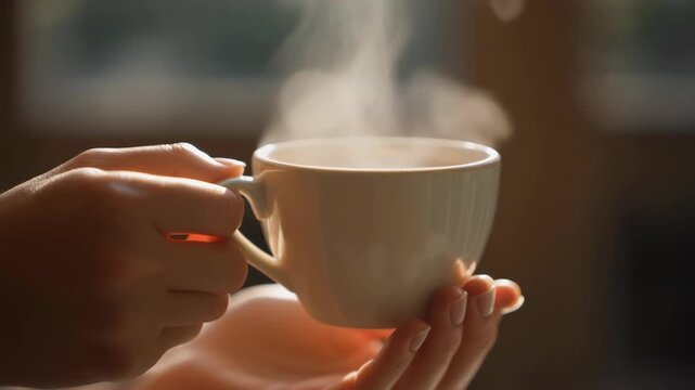 Close-up of hands gently holding a steaming white mug of hot beverage, with soft light illuminating the rising vapor.