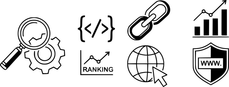  seo and digital marketing icons featuring optimization, meta tags, backlinks, ranking, globe, and domain

