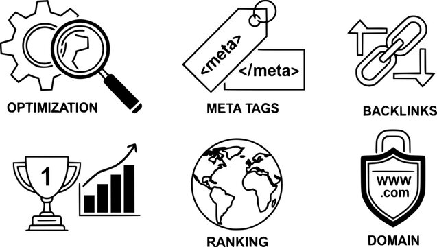 seo and digital marketing icons featuring optimization, meta tags, backlinks, ranking, globe, and domain
