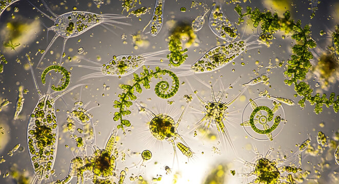 microscopic view of spirulina algae under magnification