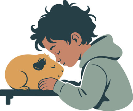 Heartwarming Vector of a Little Boy Gently Touching Noses with a Cute Hamster &ndash; Sweet Concept of Childhood Friendship, Pet Care, and Kindness Toward Animals Illustration.