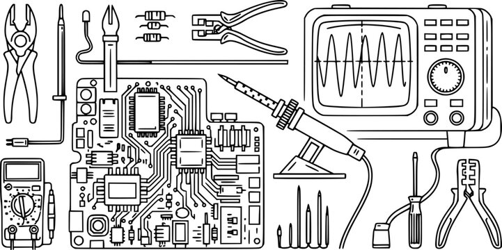 Electronics tools and components: circuit board, oscilloscope, soldering iron
