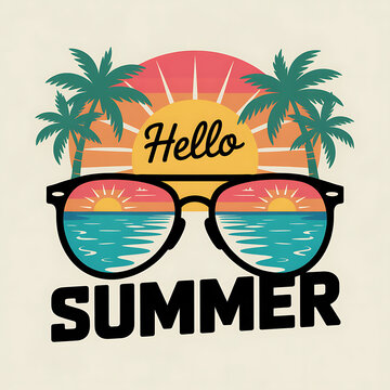 Vibrant summer graphic with sunglasses and palm trees on a sunny beach